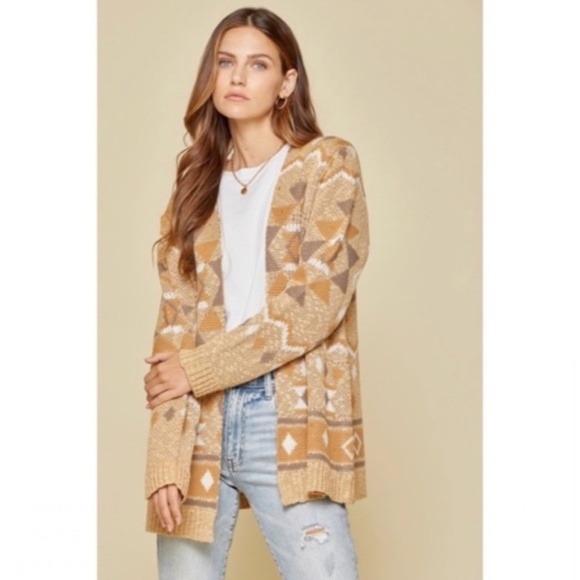Taupe Gray Boho Aztec Open Cardigan Sweater - Picture 6 of 6